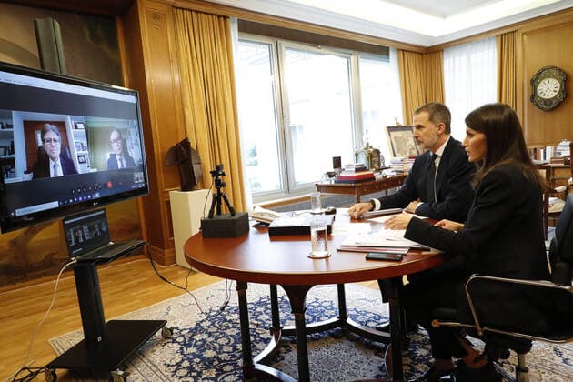 21-04-2020 Madrid Queen Letizia and King Felipe attends a videoconference with Farmaindustria in the context of the coronavirus outbreak COVID19 at Zarzuela Palace in Madrid, Spain  Copyright: xPPEx