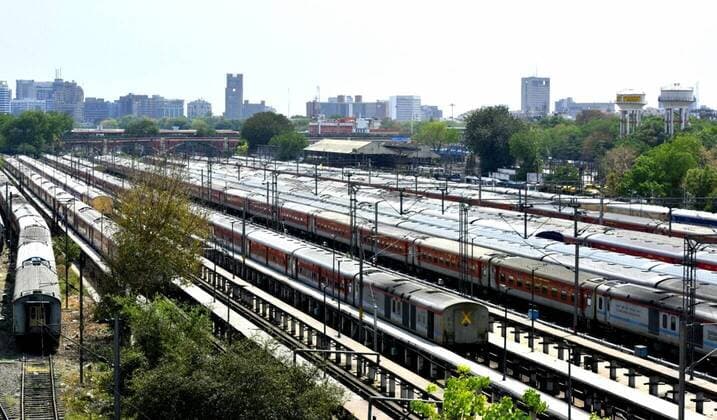 NEW DELHI, INDIA - APRIL 21: Train coaches seen at a parking bay in New Delhi Railway Station during lockdown on April 21, 2020 in New Delhi, India. (Photo by Sonu Mehta Hindustan Times) Nationwide Lockdown In India To Curb Spread Of Coronavirus Covid-19 Pandemic