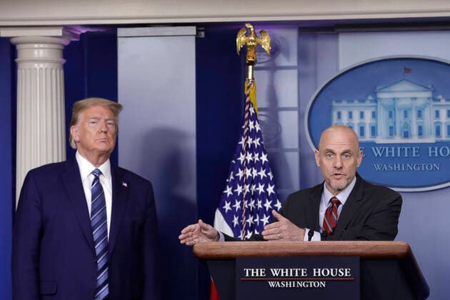 Stephen Hahn, Commissioner, United States Food and Drug Administration (FDA) speaks next to US President Donald J. Trump at the Coronavirus Task Force press briefing at the White House in Washington on April 21, 2020. Copyright: xGripasx xPoolxviaxCNPx xMediaPunchx