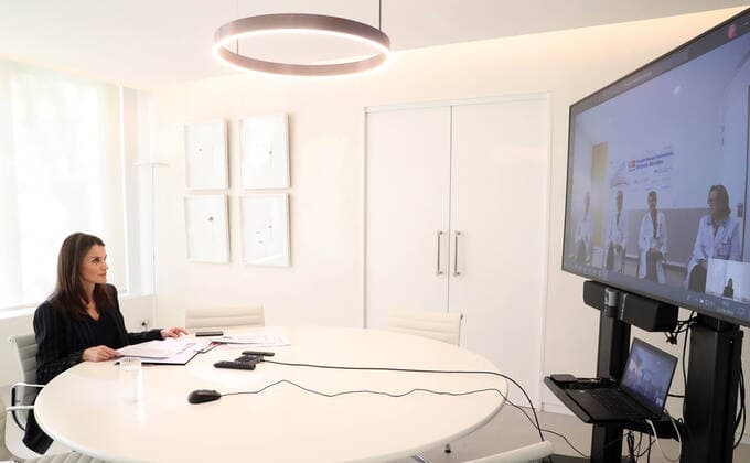 22-04-2020 Queen Letizia attends a videoconference with Gregorio Maranon Maternal and Child Hospital at Zarzuela Palace in Madrid, Spain.  Copyright: xPPEx