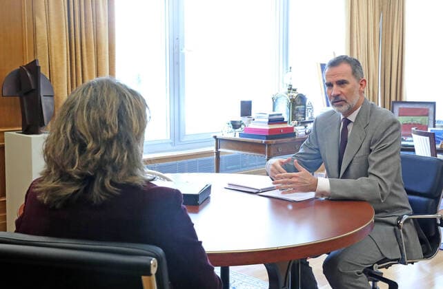 22-04-2020 Madrid King Felipe during a meeting with Teresa Ribera, Vice Presdent and Environment Minister, in the context of the coronavirus outbreak COVID19 at Zarzuela Palace in Madrid, Spain  Copyright: xPPEx