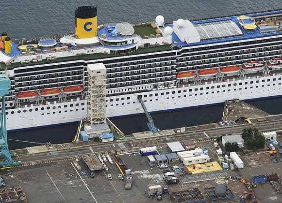Coronavirus outbreak on cruise ship anchored in Japan Photo taken from a Kyodo News helicopter on April 23, 2020, shows the Costa Atlantica cruise ship anchored in Nagasaki, southwestern Japan. The Nagasaki prefectural government said the same day that 48 of 623 crew members have so far tested positive for the new coronavirus. 