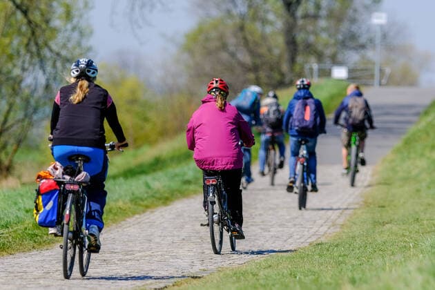 Cyclists on 21 04 2020 on the Elbe cycle path in Radebeul