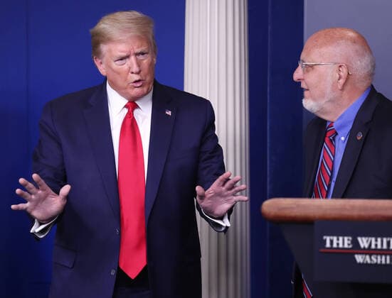US President Donald J. Trump (L) and CDC Director Robert Redfield (R) are joined by members of the Coronavirus Task Force, delivers remarks on the COVID-19 pandemic in the James S. Brady Press Briefing Room of the White House in Washington, DC, USA, 22 April 2020. Copyright: xMichaelxReynoldsx-xPoolxviaxCNPx MediaPunchx