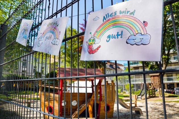 Dortmund, 23 04 2020 Poster painted by children with the inscription Alles wird gut (All will be well) hanging on the fence of a childrens playground, which is closed due to the danger of infection with the corona virus