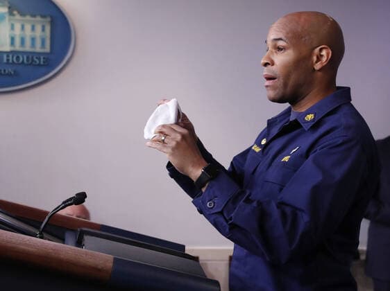 US Surgeon General Jerome Adams shows his mask as he and members of the Coronavirus Task Force to deliver remarks on the COVID-19 pandemic in the James S. Brady Press Briefing Room of the White House in Washington, DC, USA, 22 April 2020. Copyright: xMichaelxReynoldsx-xPoolxviaxCNPx MediaPunchx