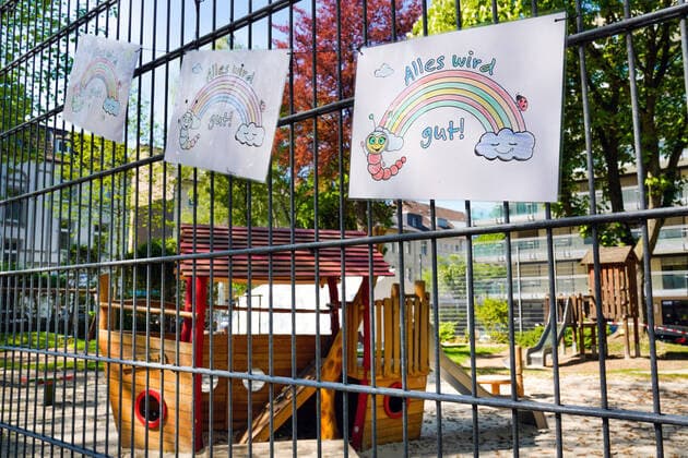 Dortmund, 23 04 2020 Poster painted by children with the inscription Alles wird gut (All will be well) hanging on the fence of a childrens playground, which is closed due to the danger of infection with the corona virus