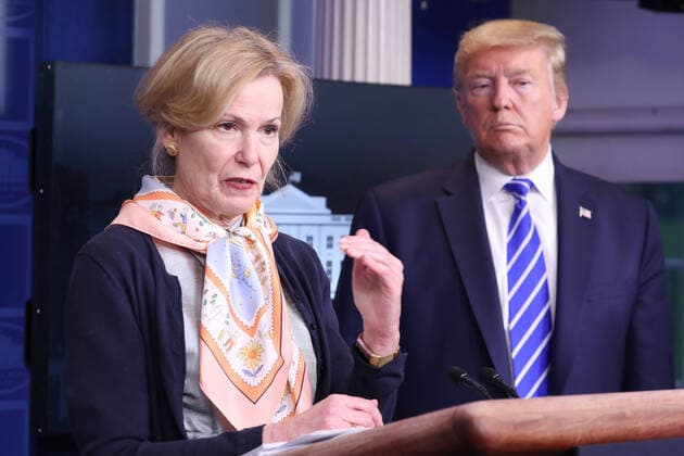 Dr. Deborah L. Birx, White House Coronavirus Response Coordinator (L) and United States President Donald J. Trump are joined by members of the Coronavirus Task Force to deliver remarks on the COVID-19 pandemic in the James S. Brady Press Briefing Room of the White House in Washington, DC, USA, 23 April 2020. Copyright: xMichaelxReynoldsx xPoolxviaxCNPx MediaPunchx