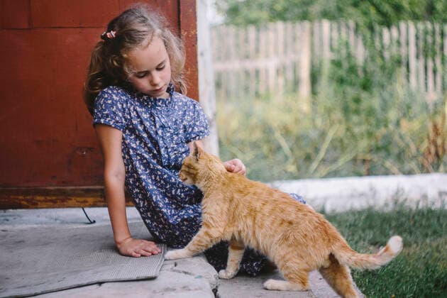 Girl sitting on steps outdoors stroking tabby cat model released Symbolfoto property released OGF00261