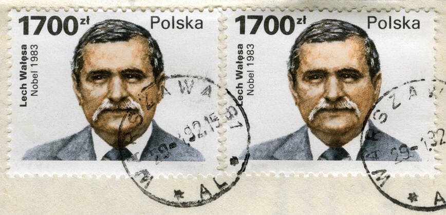 two old post stamps with Lech Walesa portrait Lech Walesa, Polish politician, Solidarity labor union leader, Peace Nobel Price winner on two old (1990) canceled post stamps from Poland  Copyright: xPixelsAwayx 757021
