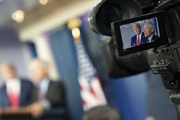 April 22, 2020, Washington, The District of Columbia, United States Of America: President Donald J. Trump and the Director of the National Institute of Allergy and Infectious Diseases Dr. Anthony S. Fauci are seen on the screen of a video camera during a coronavirus update briefing Wednesday, April 22, 2020, in the James S. Brady Press Briefing Room of the White House..People: President Donald Trump. Washington United States Of America - ZUMAs214 20200422_zaa_s214_014 Copyright: xSMGx
