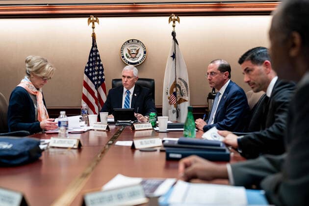 April 23, 2020, Washington, The District of Columbia, United States Of America: Vice President Mike Pence meets with members of the White House Coronavirus Task Force Thursday, April 23, 2020, in the White House Situation Room..People: Vice President Mike Pence Washington United States Of America - ZUMAs214 20200423_zaa_s214_001 Copyright: xSMGx