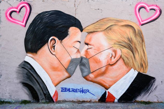 News Bilder des Tages April 28, 2020, Berlin, Berlin, Germany: A grafitti with portraits of US President DONALD TRUMP and President of the People s Republic of China XI JINPING wearing face masks can be seen at Berlin Mauerpark. US President Donald Trump has again blamed China for the outbreak of the coronavirus pandemic, which began in the Chinese city of Wuhan at the end of last year and has developed into a global pandemic. In the meantime, Trump spoke of the Chinese virus because the pathogen had been detected in a human being for the first time in the Chinese city of Wuhan with its millions of inhabitants. Berlin Germany - ZUMAs172 20200428_zap_s172_005 Copyright: xJanxScheunertx