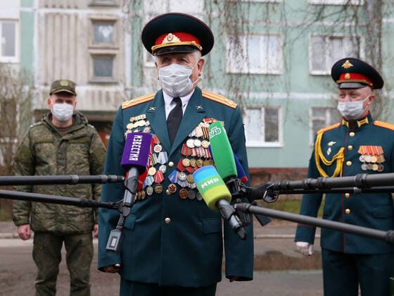 ST PETERSBURG, RUSSIA - APRIL 30, 2020 Mikhail Polyachkov, a WWII veteran, during a private parade arranged for him as part of the Supporting Veterans initiative to mark the forthcoming Victory Day This year, Russia is celebrating the 75th anniversary of the victory over Nazi Germany in the Great Patriotic War of 1941-1945 the Eastern Front of World War II Peter Kovalev Private parade for WWII veteran in St Petersbu