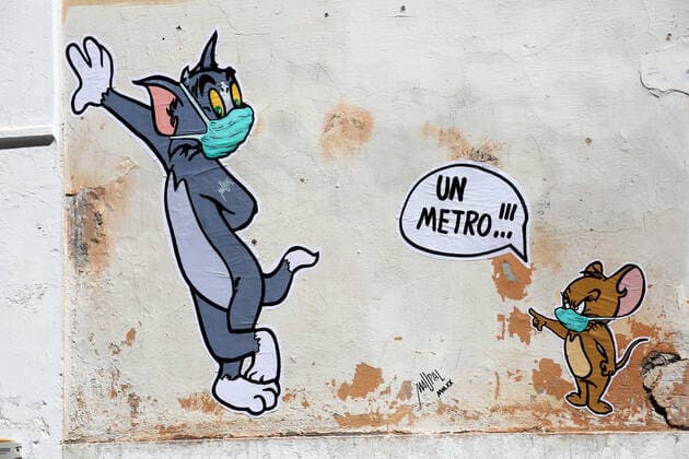 Mauro Pallotta, aka Maupal, created a new mural in Borgo Pio, a few meters from the Vatican and St. Peter s square. The work depicts the characters of the cartoon Tom & Jerry. Both Tom, the cat, and Jerry, the mouse, wear a mask. Jerry, who is usually chased by Tom, scolds the other and tells him to respect the safety distance, one meter (Alberto Lo Bianco Fotogramma, Rome - 2020-04-30) p.s. la foto e utilizzabile nel rispetto del contesto in cui e stata scattata, e senza intento diffamatorio del decoro delle persone rappresentate  Copyright: xAlbertoxLoxBiancox xFOTOGRAMMAx