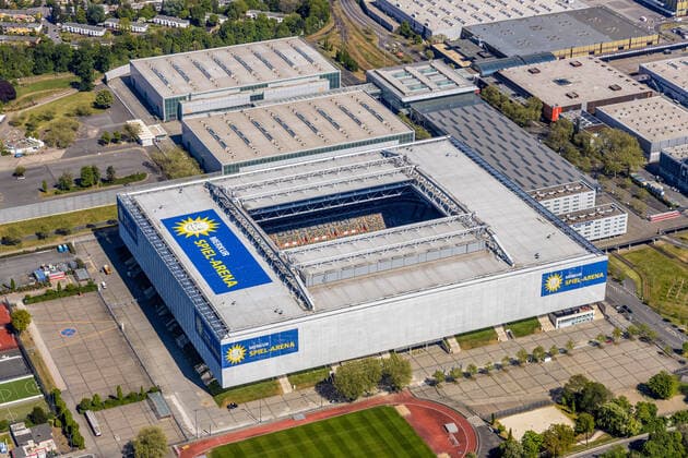 Aerial photograph, MERKUR SPIEL ARENA Football stadium, Düsseldorf, Rhineland, North Rhine-Westphalia, Germany ATTENTIONxMINDESTHONORARx60xEURO