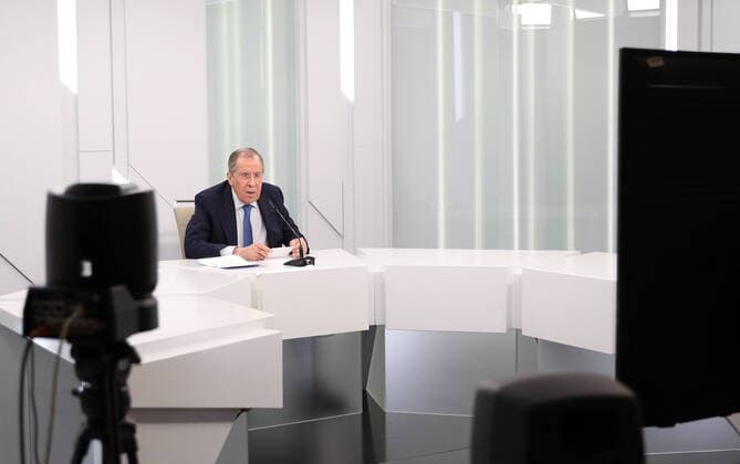 MOSCOW, RUSSIA - APRIL 30, 2020: Russia s Minister of Foreign Affairs Sergei Lavrov attends a Normany Four summit of foreign ministers via a videoconference link. Talks in the so-called Normandy Four format involve representatives of Ukraine, Germany, France and Russia who discuss settlement of the conflict in eastern Ukraine. Ministry of Foreign Affairs of the Russian Federation TASS Russia s Minister of Foreign Affairs Lavrov attends Normandy Four summit via videoconference link *** MOSCOW, RUSSIA APRIL 30, 2020 Russia s Minister of Foreign Affairs Sergei Lavrov attends a Normany Four summit of foreign ministers via a videoconference link Talks in the so called Normandy Four format involve representatives of Ukraine, Germany, France and Russia who discuss settlement of the conflict in eastern Ukraine Ministry of Foreign Affairs of the R