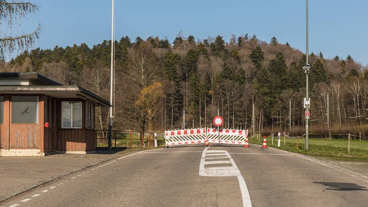 Rafz, Switzerland - March 19, 2020: On March 16, 2020, the Swiss Federal Council decided to close the border between Switzerland and Germany and to introduce border controls. This measure entered into force at midnight on March 17, 2020. The border between Switzerland and Germany was opened to citizens of the European Free Trade Association (EFTA) in 2002 with the free movement of persons, since then the border has never been closed - even in the 2015 refugee crisis. The reason for the closure was the SARS CoV-2 pandemic.