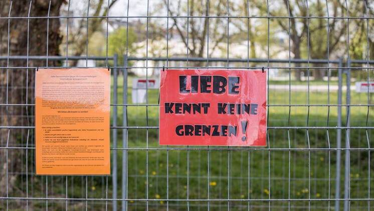 Kreuzlingen, Switzerland - April 20, 2020: Love knows no borders was hung by someone. Lovers are particularly affected by the closure of the border. Panedmie