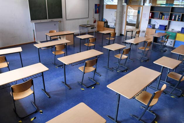 Rottenburg 30 04 2020 The Catholic Independent Grammar School St Meinrad Kreis Tuebingen prepares the reopening of the school for the graduating classes In one classroom the tables and chairs are placed in a corona conform distance ULMER