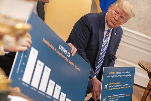 April 28, 2020, Washington, The District of Columbia, United States Of America: President Donald J. Trump looks on as Florida Governor Ron DeSantis delivers remarks during a meeting with White House senior advisors and members of the White House Coronavirus Task Force Tuesday, April 28, 2020, in the Oval Office of the White House. ..People: President Donald Trump, Ron DeSantis. Washington United States Of America - ZUMAs214 20200428_zaa_s214_004 Copyright: xSMGx
