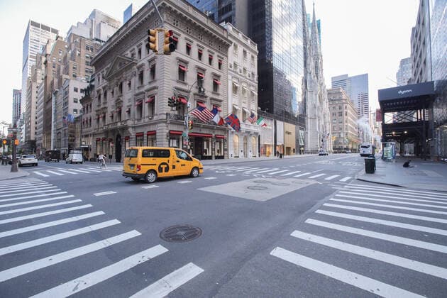May 4, 2020, New York, NY, USA: A virtually empty Fifth Avenue in front of the Flagship Cartier Store in Midtown Manhattan,, which is much less trafficked due to the COVID-19 coronavirus lockdown. New York USA - ZUMAh16_ 20200504_zaf_h16_035 Copyright: xDanxHerrickx