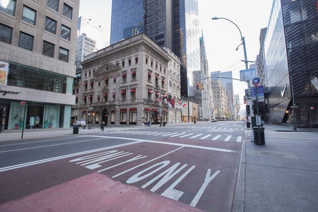 May 4, 2020, New York, NY, USA: A virtually empty Fifth Avenue in front of the Flagship Cartier Store in Midtown Manhattan,, which is much less trafficked due to the COVID-19 coronavirus lockdown. New York USA - ZUMAh16_ 20200504_zaf_h16_037 Copyright: xDanxHerrickx