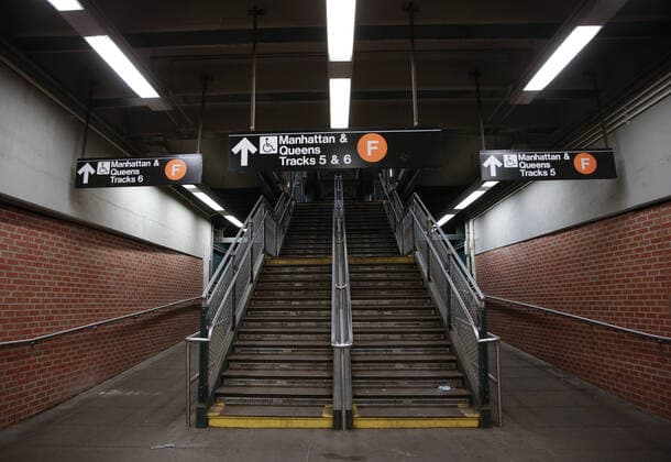 A staircase is empty at the Coney Island subway stop in New York City on Wednesday, May 6, 2020. Due to the Coronavirus pandemic for the first time in the MTA s history officials are halting regularly scheduled overnight service. On April 30th Gov. Andrew Cuomo and Mayor Bill de Blasio, announced that the MTA will suspend trains between the hours of 1 and 5 a.m. in an effort to deep clean the system every 24 hours. The coronavirus COVID-19 pandemic is affecting 212 countries around the world accounting for over 250,000 deaths.  NYP20200506138 JOHNxANGELILLO