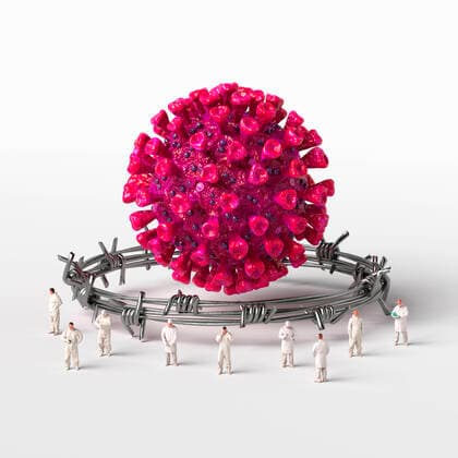 Healthcare workers with their backs against barbed wire around computer-generated coronavirus  Copyright: xOliverxBurstonx 10100399
