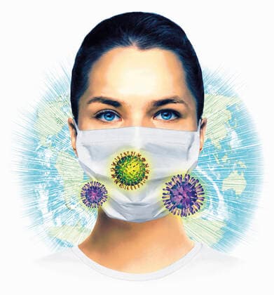 Woman with mask, world map and virus organisms  Copyright: xThomasxKuhlenbeckx 12140065