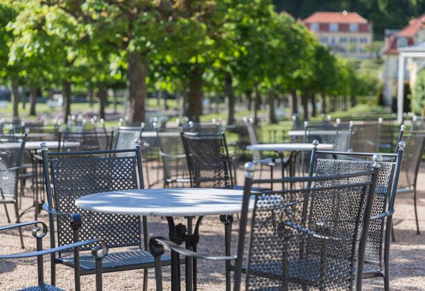 06 05 2020, Corona measures Gastronomy may open again The tables and chairs are already ready, the weather is fine, only the guests who will be back soon are missing Bad Brückenau Bavaria Germany