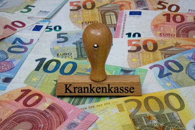 Banknotes and stamps with health insurance Banknotes and stamps with health insurance, 07 05 2020, Borkwalde, Brandenburg, On banknotes there is a stamp with the words Krankenkasse