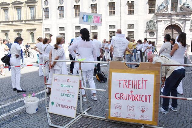 Participants Munich 08 05 20 Odeonsplatz Corona Team Group Demostration for Freedom Human Dignity and against Corona Vaccination Munich
