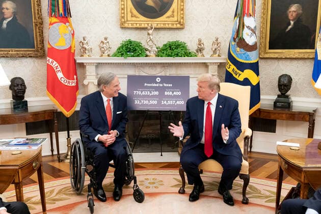 U S President Trump Meets Texas Gov Abbott May 7, 2020, Washington, DC, United States of America U S President Donald Trump meets with Texas Gov Greg Abbott in the Oval Office of the White House May 7, 2020 in Washington, DC Credit Image Tia Dufour White House Planet Pix via ZUMA Wire Washington The White House DC United States of America Donald.Trump_20200507_058.jpg Tia Dufour White House