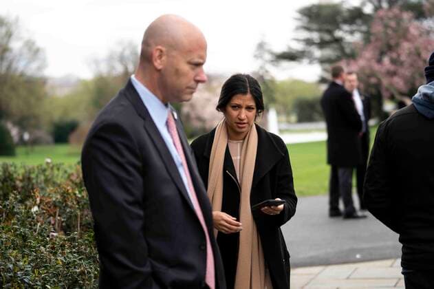 May 8, 2020, FILE: President Donald Trump said that KATIE MILLER, Vice President Mike Pence s press secretary, tested positive for coronavirus. She is married to Stephen Miller, one of Trump s closest advisers, and is the second Pence aide to test positive. PICTURED: March 24, 2020, Washington, District of Columbia, USA: Marc Short, Chief of Staff for Vice President Mike Pence, left, talks with Katie Miller, Vice President Mike Pence s press secretary during a Fox News Virtual Town Hall. Washington USA - ZUMAs152 20200508_sha_s152_671 Copyright: xDougxMillsx