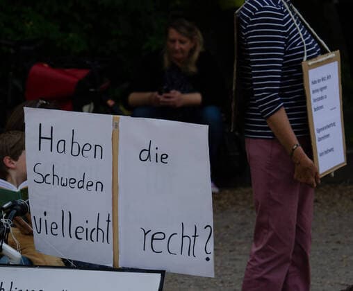 Coronavirus, Demonstration against Corona Measures Demonstrators hold up banner with the inscription Have the Swedes perhaps right, on 09 05 2020 in Flensburg, Port, Hafenspitze