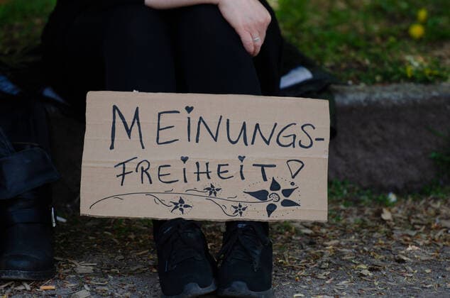 Coronavirus, demonstration against corona measures banner with inscription freedom of opinion, on 09 05 2020 in Flensburg, port, port head