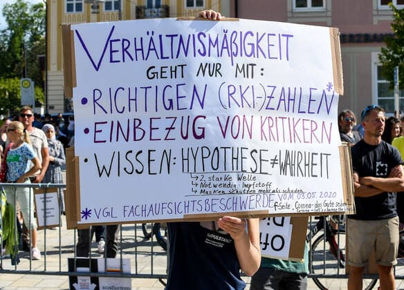 GER, Demo against Corona Rules in Bavaria 09 05 2020, Hildegardplatz, Kempten, GER, Demo against Corona Rules in Bavaria, 300 people demonstrated peacefully in a cordoned off area in front of the Basilica St Lorenz against the current Corona Rules The demonstrators mainly followed the distance rules The police showed presence, but kept back and was satisfied nph00200