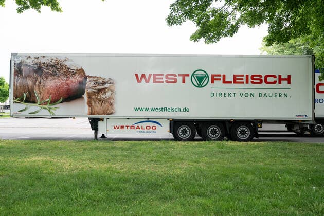 Westfleisch Corona Hotspot meat factory in Coesfeld NRW North Rhine-Westphalia Companies Truck on a parking lot in front of the factory site Westfleisch Corona Hotspot meat factory in Coesfeld NRW North Rhine-Westphalia, Coesfeld NRW Germany Westfleisch factory
