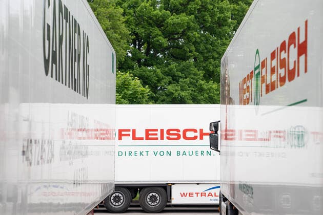 Westfleisch Corona Hotspot meat factory in Coesfeld NRW North Rhine-Westphalia Companies Truck on a parking lot in front of the factory site Westfleisch Corona Hotspot meat factory in Coesfeld NRW North Rhine-Westphalia, Coesfeld NRW Germany Westfleisch factory