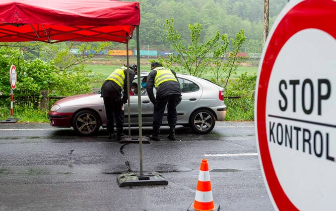 Czech police border control at crossing Hrensko-Schmilka between Czech Republic and Germany, on May 11, 2020. Hrensko border crossing with Germany launched into operation. (CTKxPhoto OndrejxHajek) CTKPhotoP202005110263601 HAJ 07
