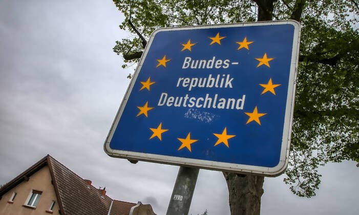 Restricted border traffic Poland 11 05 20, Polish German border crossing Hohenwutzen Street sign shows Federal Republic of Germany Restricted border traffic at the German-Polish border due to coronavirus Hohenwutzen Germany border