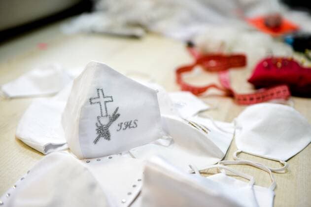 Wedding and First Communion face masks are made during the coronavirus outbreak in Poland Wedding and First Communion face masks are made during the coronavirus outbreak by Elus sewing workshop on May 12, 2020 in Jaroslaw, Poland. EN_01428317_0008 