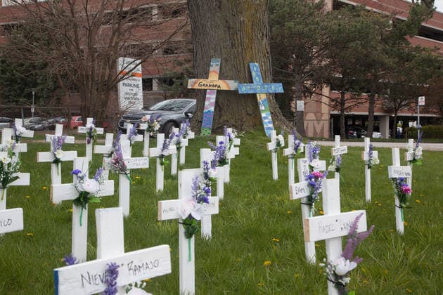 May 12, 2020, Toronto, Ontario, Canada: COVID-19 outbreaks in Long-Term Care facilities are one of the major concerns of the coronavirus pandemic in Canada. The Ministry of Long-Term Care of the province reports more than 1,200 deaths due to the virus inside Long-Term Care in Ontario. Long-Term care in houses in Canada have long been targeted for misconducts and unsatisfactory services, with underpaid temporary staff and public criticism from relatives and specialists. In the photo, 50 crosses are laid out in front of a Long-Term Care facility in the Grand Toronto Area to represent the number of deaths of COVID-19 in this one facility only. Relatives are now concerned about the health of individuals and staff inside. Canada has now surpassed the number of 5,000 deaths due to COVID-19. Toronto Canada - ZUMAd114 20200512_zap_d114_003 Copyright: xJohnnyxDexFrancox