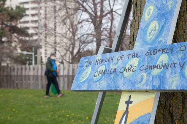 May 12, 2020, Toronto, Ontario, Canada: COVID-19 outbreaks in Long-Term Care facilities are one of the major concerns of the coronavirus pandemic in Canada. The Ministry of Long-Term Care of the province reports more than 1,200 deaths due to the virus inside Long-Term Care in Ontario. Long-Term care in houses in Canada have long been targeted for misconducts and unsatisfactory services, with underpaid temporary staff and public criticism from relatives and specialists. In the photo, 50 crosses are laid out in front of a Long-Term Care facility in the Grand Toronto Area to represent the number of deaths of COVID-19 in this one facility only. Relatives are now concerned about the health of individuals and staff inside. Canada has now surpassed the number of 5,000 deaths due to COVID-19. Toronto Canada - ZUMAd114 20200512_zap_d114_005 Copyright: xJohnnyxDexFrancox