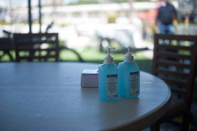 May 13, 2020, Malaga, Spain: Two bottles of disinfectant gel are seen on a table inside Godoy shellfish bar before its reopening as a precaution during the partial lockdown after the beginning of phase 1 in some cities..Spain is going through the plan of down-scaling towards a new normality by relaxing measures that resulted from the COVID-19 outbreak, cities like Madrid, Barcelona, Malaga or Granada continue in phase 0 due to the epidemiological opinions of sanitary authorities. Malaga Spain - ZUMAs197 20200513_zab_s197_006 Copyright: xJesusxMeridax