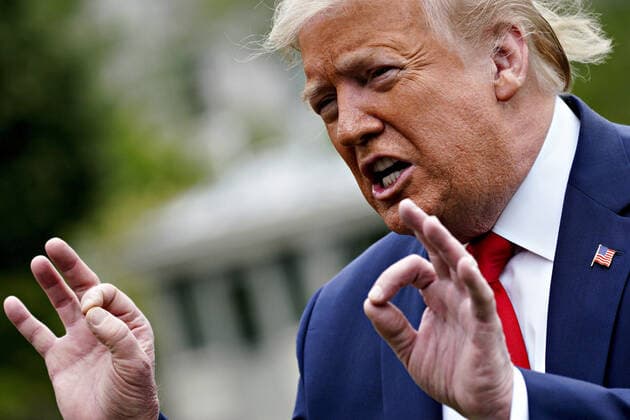 U.S. President Donald Trump speaks to members of the media before boarding Marine One on the South Lawn of the White House in Washington, DC on Thursday, May 14, 2020. Trump is visiting the factory of Owens and Minor, a medical equipment distributor, in Allentown, Pennsylvania. Pool photo by Andrew Harrer  WAX20200514404 ANDREWxHARRER