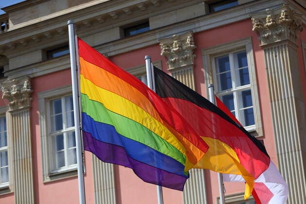A rainbow flag and the flags of Germany and Brandenburg fly in the inner courtyard of the Brandenburg Parliament on the occasion of the International Day against Homo , Bi and Transphobia, Potsdam, 15 May 2020 Rainbow flag is waving at the Brandenburg Parliament