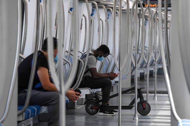 Rome 17 5 2020 A man with a folding bicycle looks is seen on the subway during the second phase of lockdown measures decided by italian government due the coronavirus, covid-19, pandemic. Italian government have allocated bicycle purchase incentives as a measure to avoid the crowding of public transportation and the movement of private cars . Photo Andrea Staccioli Insidefoto andreaxstaccioli
