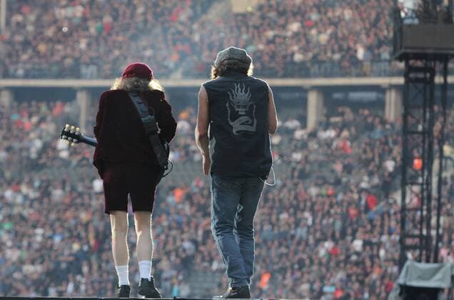 77 Concert AC DC, guitarist Angus Young singer Brian Johnson, in Berlin Olympic Stadium, Stadium, Olympia, singer, hard rock, heavy metal, bluesrock, rock and roll, rock, musician, music, Berlin Germany, Germany Copyright: xPOP-EYE Gabschx 00222916_00222916